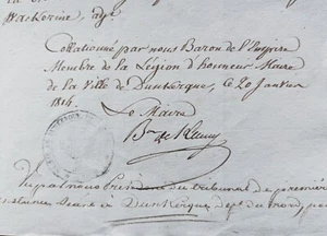 1806 AUTOGRAPHE JEAN-LOUIS BONAVENTURE DE KENNY BARON EMPIRE MAIRE DUNKERQUE - Picture 1 of 3