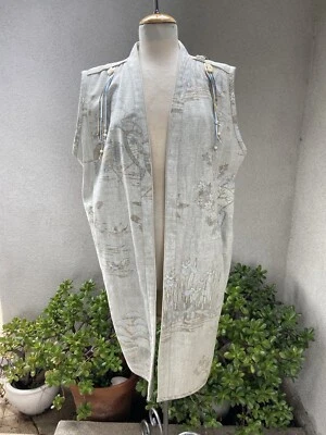 Colete longo vintage personalizado tema asiático bolsos forrados azul cinza G/XL - Imagem 1 de 4