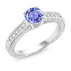 1.05 Ct Round Blue Tanzanite White Created Sapphire 925 Sterling Silver Ring
