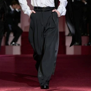 Pantalones informales caídos de diseñador de doble cintura sueltos estilo italiano para hombre pierna ancha - Imagen 1 de 10