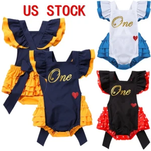 Baby Girls Cute First 1st Birthday Outfit Ruffles Bodysuit Romper Tutu Dress - Picture 1 of 22