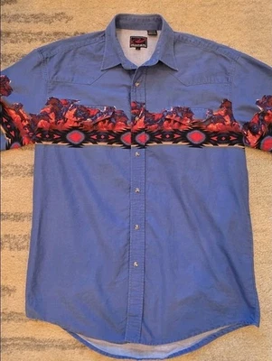 Camisa De Colección Roper Western Pearl Snap Manga Corta Para Hombre’s L Azul Caballo Azteca Foto 1 de 4