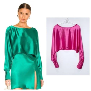 NEW NONchalant Label Tayla Top (Sz XS) Long Sleeve Crop Blouse Pink Satin - Picture 1 of 12
