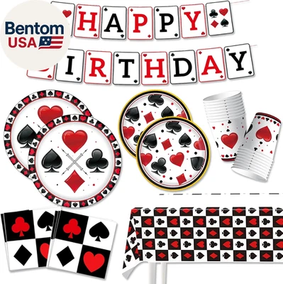 Juego de decoraciones para fiestas de casino, 52 piezas, platos temáticos de póker, servilletas, pancarta, T Foto 1 de 4