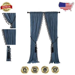 Soft Velvet Pom Pom Curtains with UV Protection - Perfect for Living Rooms - Picture 1 of 11
