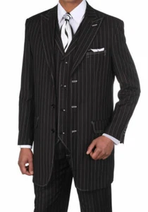 New Men's Classic Pinstriped Suit With Vest Black/White 36" Length 38R~60L - Picture 1 of 5