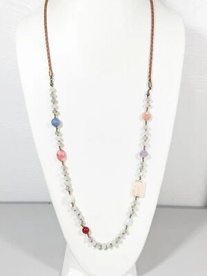 LOFT Collar Costero Largo Cuero Trenzado Morado Gris Azul Cuentas Vidrio 38" Foto 1 de 4