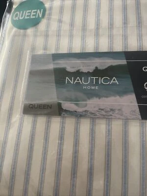 NAUTICA Coastal Edge STRIPE Gray BLUE 4 PC QUEEN SHEET SET NAUTICAL BEACH S52 - Image 1 of 4