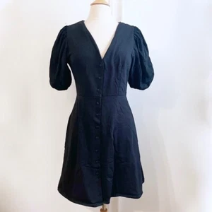 H&M Puff Sleeve Button-up Fit & Flare Black Dress Size M Party/Office/Casual EUC - Picture 1 of 10