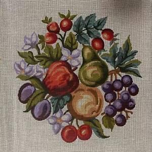 Vtg Bucilla Painted Needlepoint Canvas Fruit Round Seat Cushion Grape Apple Pear - Picture 1 of 10