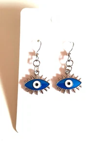 🧿Sweet Mid Blue Enamel Evil Eye Silvertone Earrings🧿 - Picture 1 of 8