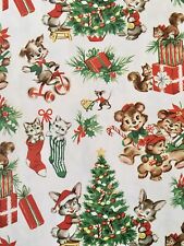 Vtg Christmas Wrapping Paper Gift Wrap Bears Kittens Puppy Tree 1940 Nos Cute