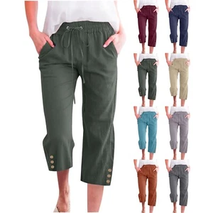 Summer Women's Solid Color Cropped Trousers Strap Button Candy Casual Capris - Picture 1 of 34