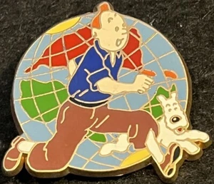 Adventures TINTIN & Snowy MILOU Running with Globe PIN - CASTERMAN on Back 1.75" - Picture 1 of 2