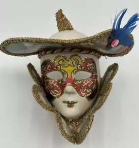 Vintage Authentic Venetian Mask Full Face Mardi Gras Carnival Jester with Tag - Picture 1 of 11