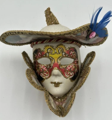 Vintage Authentic Venetian Mask Full Face Mardi Gras Carnival Jester with Tag - Image 1 of 4