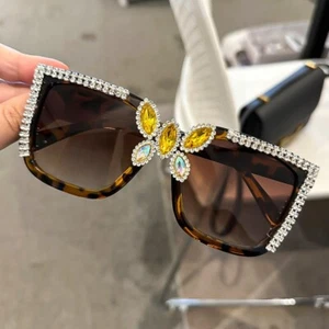 Retro Luxury Rhinestone Butterfly On Square Frame UV400 Shade Sunglasses Eyewear - Picture 1 of 17