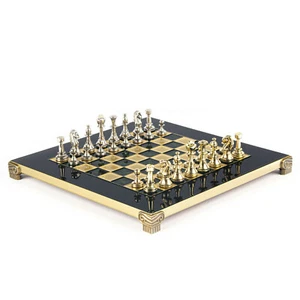 Classic Metal Staunton small Chess Set - Brass Nickel Pawns - Green chess Board - Picture 1 of 7