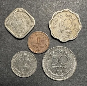 India 1961 Coin Lot Of 5 Paise 1 5 10 20 50 World Foreign International - Picture 1 of 2