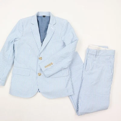 J.Crew Crewcuts Suit Jacket Pants Boys 10 Seersucker Ludlow Slim Fit Blue White - Image 1 of 4