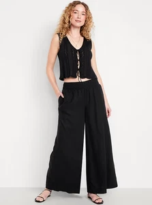 Pantalones Palazzo Boho de pierna súper ancha de lino rayón tiro medio azul marino antiguos negros talla XL - Imagen 1 de 10