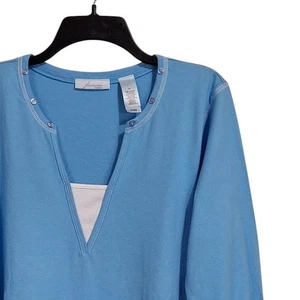 Top mujer JH Collectibles Plus 2X azul cuello en V manga 3/4 lengüeta enrollable aspecto en capas - Imagen 1 de 10