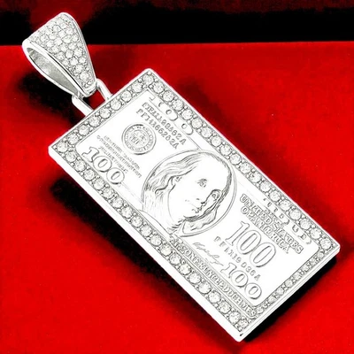 Luxury Silver Tone Iced Out $100 Bill Money Pendant + 24" Rope Chain Necklace Foto 1 de 2