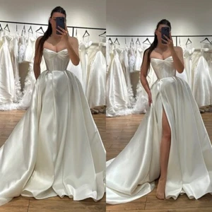 Elegant Wedding Dresses with Slit Boat Neck Sweep Train A Line Bridal Gowns - Picture 1 of 9