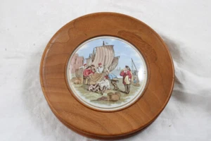 Framed 19th Century Pratt Ware Pot Lids Fishermen Repairing Nets & Harbor - Picture 1 of 9