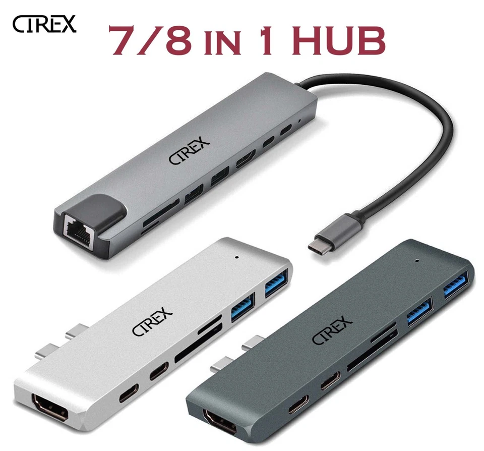 USB-C HUB Type-C USB 7/8 in 1 Multi 3.0 4K HDMI RJ45 Ethernet Micro SD TF OTG - Image 1 of 4