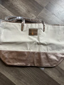 VICTORIA SECRET Zip Tote Handbag Beach Rose Gold Beige Canvas Bag NEW - Picture 1 of 6