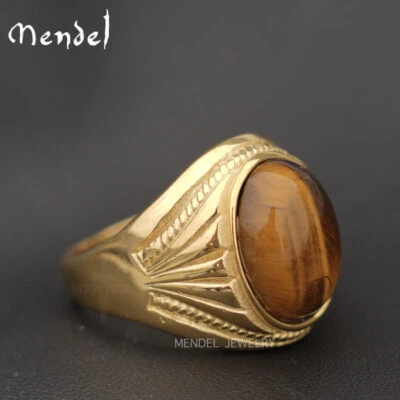 MENDEL Mens Stainless Steel Gold Plated Natural Tiger Eye Stone Ring Size 7-15 - Image 1 of 4