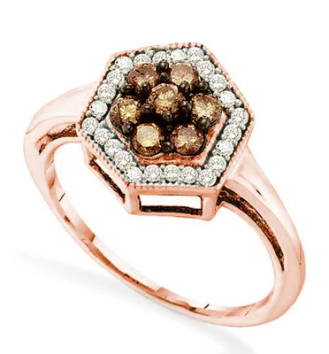 10K Rose Gold Chocolate Brown Diamond Ring Band Halo Cluster .50ct - Image 1 of 4