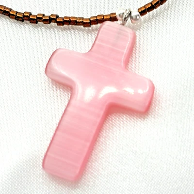 Collar Colgante Cruz Ojo de Tigre Tallado a Mano Rosa Gema Cristiano Crucifijo Jesús Foto 1 de 4