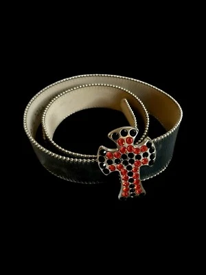 Cinturón BB SIMON Y2K Vintage Grande Cuero Negro Naranja Cristal Cruz Años 90 Raro Foto 1 de 4