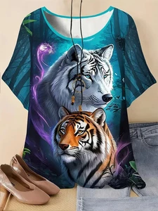 NEW PLUS SIZE 18 20 22 24 26 BLUE TIGER WOLF TOP BLOUSE T SHIRT STRETCH CURVE - Picture 1 of 3