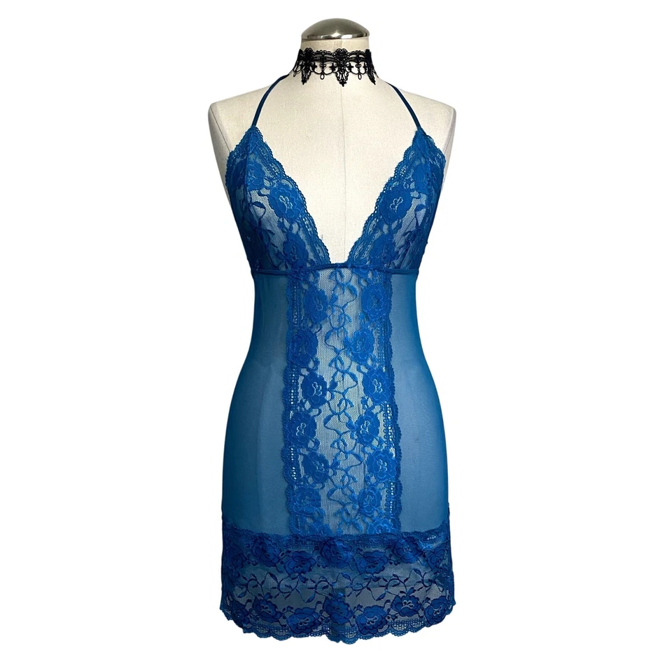 Dreamgirl Lencería Azul Encaje Vestido Sin Mangas Hada Con Cordones Espalda Romántico  Foto 1 de 4