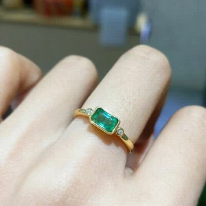 1.20Ct Emerald Cut Lab Created Green Emerald Women's Ring 14K Yellow Gold Plated - Picture 1 of 5