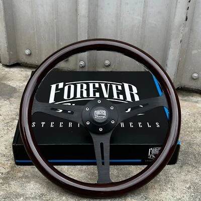 Volante negro de 15" (380 mm) con empuñadura de madera oscura y botón de bocina - 6 orificios Foto 1 de 3