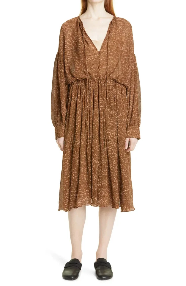 Vince XXL 2XL Starry Dot Womens Dress Brown Long Sleeve Shirred Midi