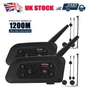 2PCS V6 Casco Moto Bluetooth Interfono Auricolare 2 Vie 1200m 6 Piloti FM UK - Foto 1 di 13