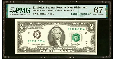 2003  $2 FRN Radar Repeater Serial number 13311331 PMG GEM 67 EPQ - Image 1 of 2