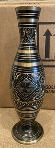 Vintage Solid Brass Vase-Black & Gold Etched Floral Design 10,” made in India - Picture 1 of 2
