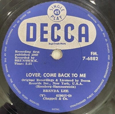 Brenda Lee Lover Come Back To Me Vinyl Record 7” 45 RPM FM.7-6882 Decca 1962 SA - Image 1 of 4