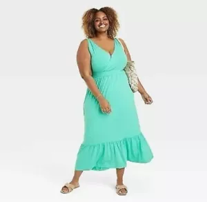 Ava & Viv - Women's V-Neck A-Line Maxi Dress - Aqua Green - Picture 1 of 3
