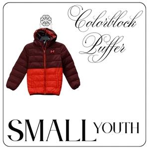 Under Armour Jacke Jugend klein rot weinrot Colorblock ColdGear Puffer Kapuze Reißverschluss - Bild 1 von 4