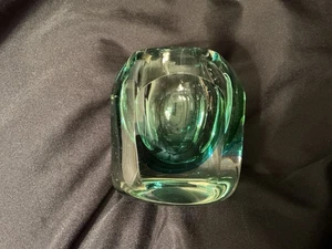 Murano MCM Glass Vase Flavio Poli Sommerso Green Blue Faceted Candle Holder 4” - Picture 1 of 8