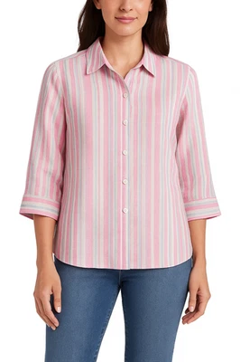 Blouse Westbound Women  Size L Linen Pink White Striped Button Up 3/4 Sleeve - Image 1 of 4