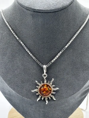 Collier Kette & Sonnenanhänger Bernstein 0,925 Sterlingsilber - Bild 1 von 4