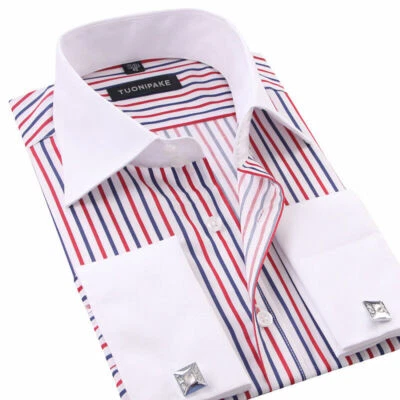 Mens Dress Shirts The White Collar Luxury Slim Fit French Cuff Formal Shirts Top - Image 1 of 4